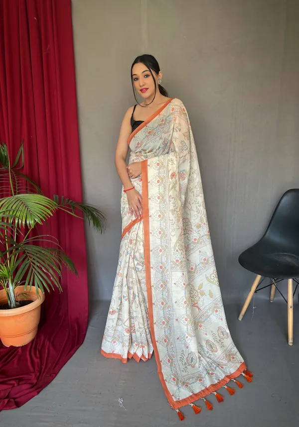 white_&_Orange_Pure_Malai_Cotton_Sarees_With_Katha_Print_Work_With_Blouse_Piece_Attached